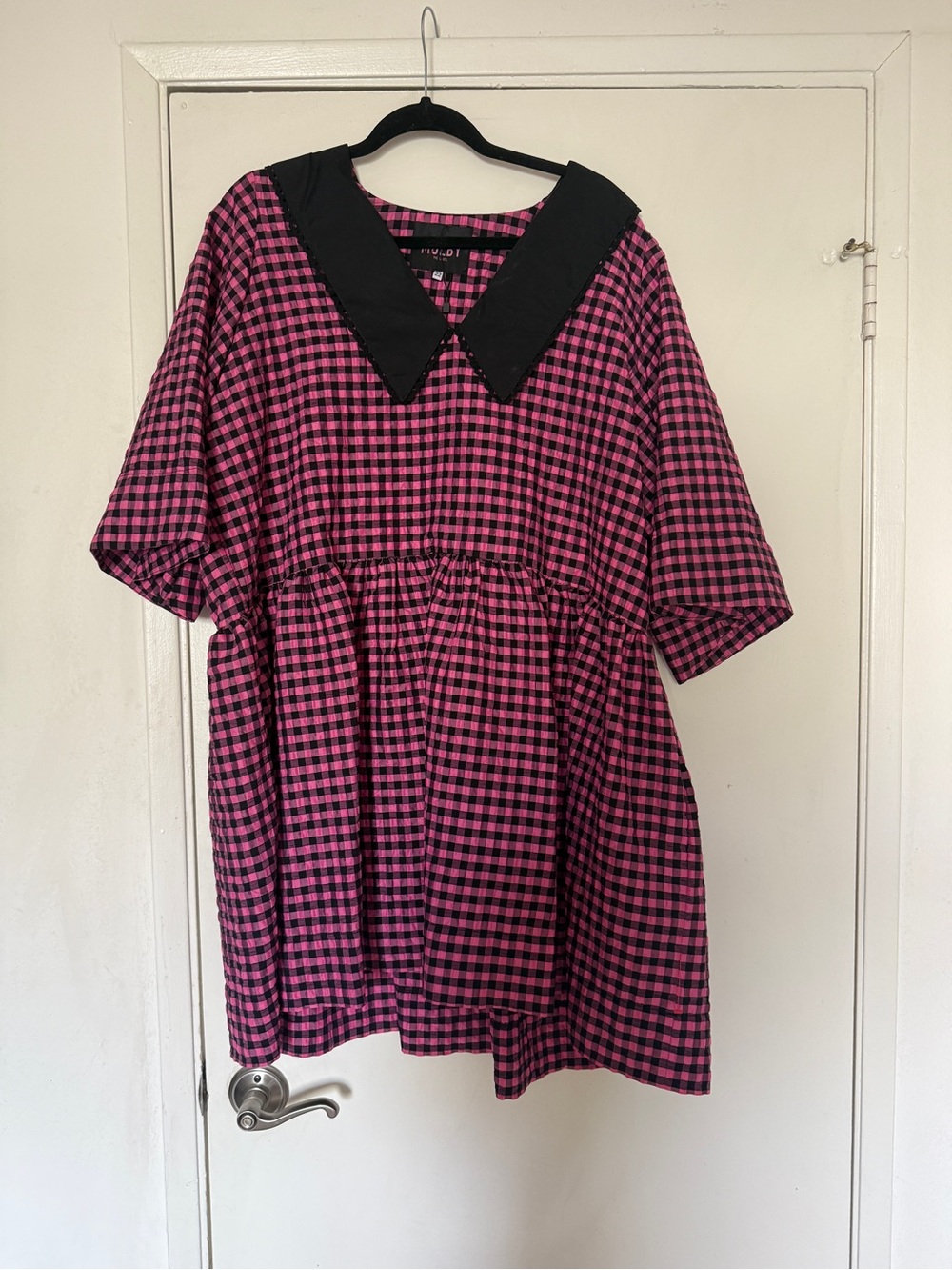 Pink & Black Gingham Mini Dress with Contrast Collar